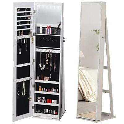Image de HOMCOM Armoire à Bijoux avec Miroir sur Pied Multi rangements éclairage LED Blanc dim. 38l x H157 cm