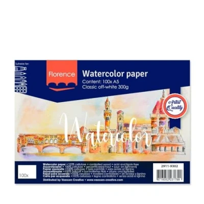 Image de vaessen creative Papier Aquarelle Florence A5, Blanc Cassé, 300 GSM, Qualité d&#039;artiste, Surface Texturée, 100 Feuilles pour Peindre, Handlettering, Projets d&#039;art et Plus