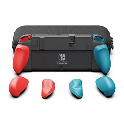 Image de Skull &amp; Co. Ensemble NeoGrip pour Nintendo Switch OLED et Modèle Régulier : Un Coque Dure Poignée avec Poignées Interchangeables [pour s&#039;adapter à Toutes les Tailles de Mains] Bleu néon Rouge
