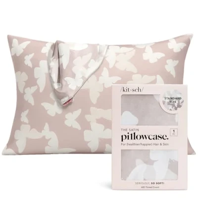 Image de Kitsch Taie d&#039;oreiller en Satin avec Fermeture éclair pour Les Cheveux et la Peau, Plus Douce Que Soie, Taille Standard (Papillon Champagne)