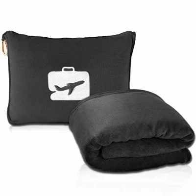 Image de EverSnug Couverture et Oreiller de Voyage d&#039;avion 2 en 1 Douce qualité supérieure avec Housse Coussin Souple, Bagage à Main Clip pour Sac Dos (Noir)