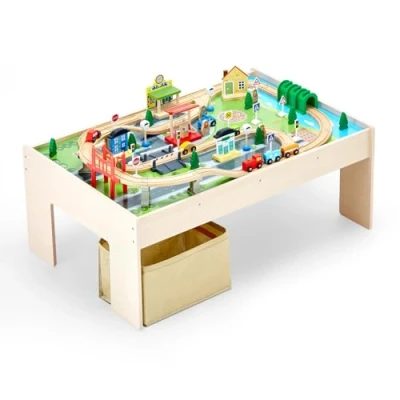 Image de VEVOR Table Circuit Train Bois, 84 PCS, avec Rail de Train, Bac Rangement Pliable, d&#039;Activités 3 en 1 Double Face pour Jouer, Dessiner, Lire, Manger, Jouets Créatifs Enfants Ans et Plus