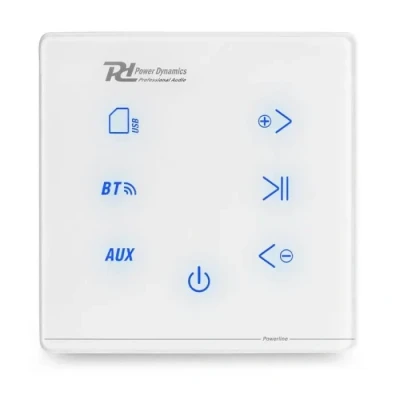 Image de Power Dynamics Powerline A50W Amplificateur Audio Mural 2X 20 Watts, Récepteur sans Fil Bluetooth, USB et Micro SD, Écran Tactile, Livré avec Télécommande, Idéal pour Sonorisation de la Maison