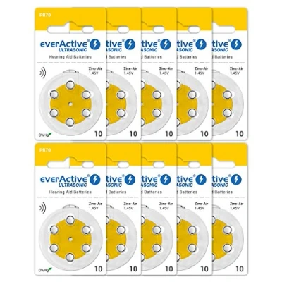 Image de everActive Ultrasonic PR70 Lot de 60 Piles Zinc air Haute Performance pour appareils auditifs 10 Cartes Blister Durée Vie 4 Ans Jaune