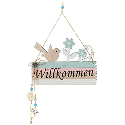 Image de com four® Plaque de Porte Willkommen Printemps décorative en Bois avec Un Cordon pour accrocher Pâques la d&#039;entrée (01 pièce Oiseau et Fleur)