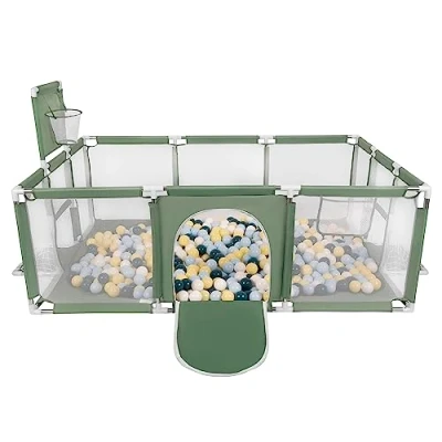 Image de Selonis Parc Bébé Avec 100 Balles Plastiques Aire De Jeu Pliable Basket Football, Vert : Turquoise Foncé/Bleu Pastel/Jaune Pastel/Blanc