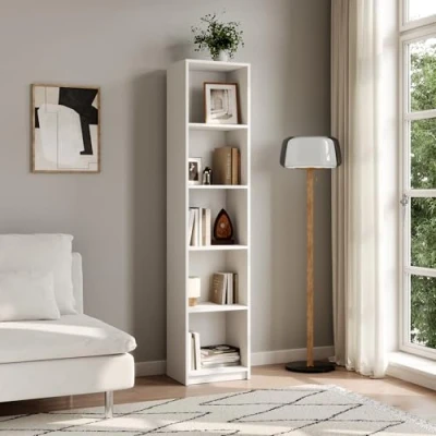 Image de Home Collective Bibliothèque, étagère à dossiers, sur Pied, séparateur de pièce, Blanc avec 5 Compartiments Ouverts en Bois MDF Largeur 40 cm