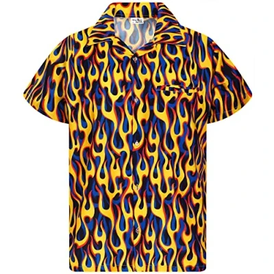 Image de King Kameha Funky Chemise Hawaienne, Manche Courte, Flames Allover, Jaune Bleu, L