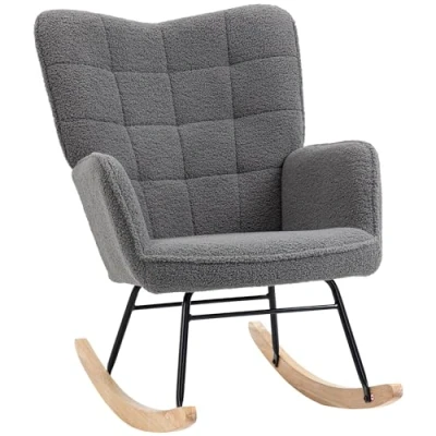 Image de HOMCOM Fauteuil à Bascule, Rocking Chair, revêtement en Imitation Cachemire, Allaitement, Chaise basule, Structure Acier, Pieds Bois Massif, Gris foncé