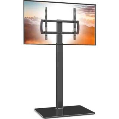 Image de Support TV Universel sur Pied, pivotant à 80, réglable en Hauteur, Peu encombrant pour TV, LCD, LED, OLED de 27 55’’, Parfait Le Coin d’Une pièce ou Une Chambre Coucher