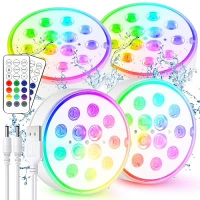 Image de Czemo Lumière de Piscine LED Submersible Rechargeable avec Télécommande Éclairage Etanche Lampes IP68 Étanche Lumières Sous marines Pour Aquariums, Baignoire, Étangs (Multicolore 4 pièces)