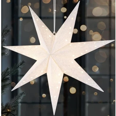 Image de BRUBAKER Étoile de Noël LED à Suspendre Papier 60 cm avec 7 Pointes l&#039;Avent 3D Fonctionne des Piles, Suspendue et Illuminée lumineuse Décoration Blanc