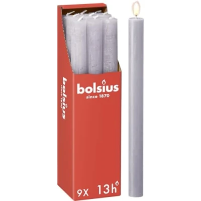 Image de Bolsius Rustik Lot de 9 bougies à tige Vert olive Longueur : 13 heures Sans parfum Cire végétale naturelle goutte huile palme 27 x 2,3 cm