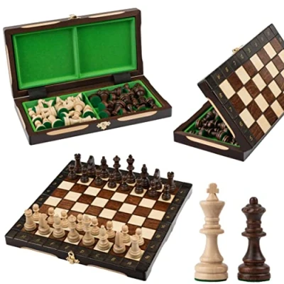 Image de Jeu D Echecs en Bois de Cerisier Master of Chess D&#039;échec Pliable Board 32 cm Portable Fait Main Set pour Enfants et Adultes