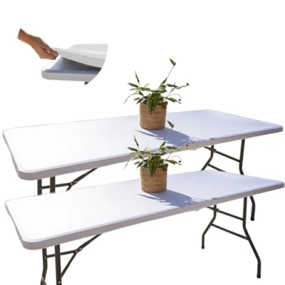 Image de Glop 2 Nappe Rectangulaire de Table Ajustée Blanche 182x76, Extensible, avec Élastique, Lavable en Machine, Repelente au l&#039;eau et Idéale pour Jardin, Extérieur, Design Élégant Facile à Nettoyer