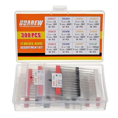Image de HUAREW 12 valeurs 300 pièces Diode de redressement 1N4001 1N4002 1N4004 1N4005 1N4007 1N5404 1N5406 1N5408 Schottky 1N5817 1N5818 1N5819 commutation 1N4148 kit classification
