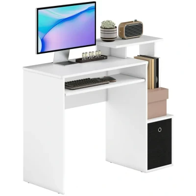 Image de HOMCOM Bureau Informatique multimédia étagères Tablette Clavier Panier Noir Panneaux Particules Blanc, 100x40x86.6cm