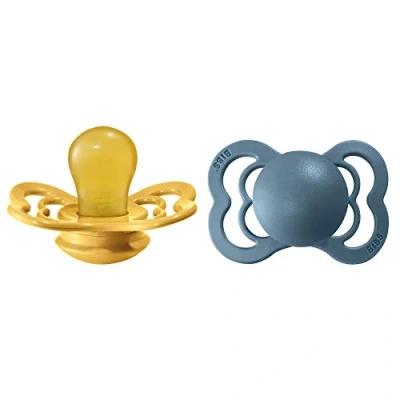 Image de tétine BIBS Supreme, lot de 2, caoutchouc naturel, danoise forme symétrique. Sans BPA. (Mustard/Petrol, taille 1 (0 6 mois))