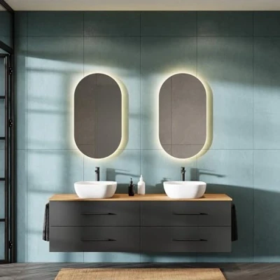 Image de Planetmöbel LUX meuble de salle bain avec lavabo suspendu 180 cm et 2 lavabos à poser 60 blanc, bas chêne doré/anthracite