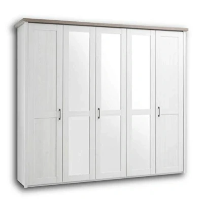 Image de Stella Trading Luca Armoire Élégante et Polyvalente, Style Campagnard, 5 Portes Battantes (dont 3 avec Miroir), Pin Blanc/Truffe, Dimensions (l x H P) 241 212 62 cm