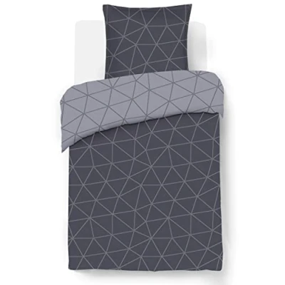 Image de Vision Parure de lit Réversible Hugo Gris Anthracite/Gris Set Housse Couette 140 x 200 cm avec 1 taie d&#039;oreiller pour Personne 100% Coton