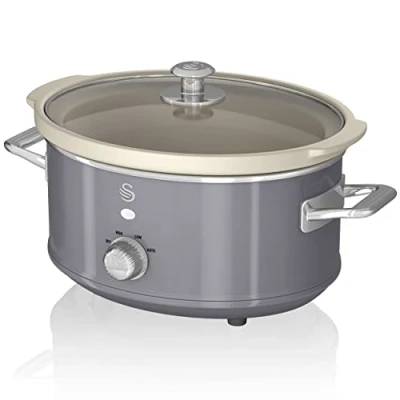 Image de Swan Retro SF17021GRNEU Mijoteuse 3,5L Récipient Amovible, Antiadhésif en Céramique Libre PFOA et PTFE, 3 Niveaux de température, Couvercle Verre, Slow Cooker, Design Vintage, Gris, 200 W