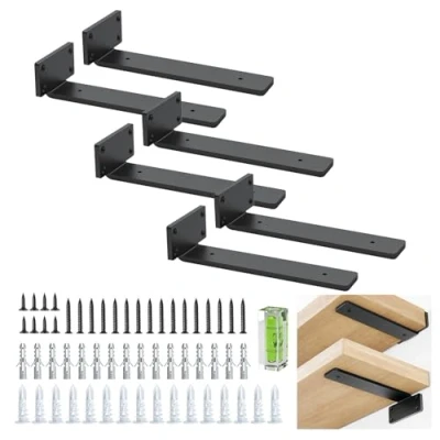 Image de équerre étagère robustes 20 cm/8 pouces, 4 mm d&#039;épaisseur, lot de 6 supports d&#039;étagère Noir cachés flottants, industriels rustiques avec finition en fer moderne