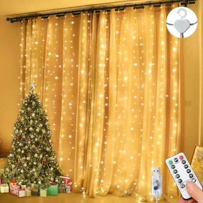 Image de Guirlande Lumineuse Rideaux 3 m x 300 LED 8 Modes Télécommande minuterie luminosité réglable, étanche IP65 extérieure/intérieure, Decoration pour Chambre à coucher, Fête, Mariage (Blanc Chaud)