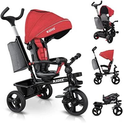 Image de KIDIZ® Tricycle 5 en 1 pour Enfants avec Barre à Pousser Système de Guidage Tige partir an Marche Avant et arrière Sportif, Panier Sac Porte Boisson Pare Soleil Roues Caoutchouc