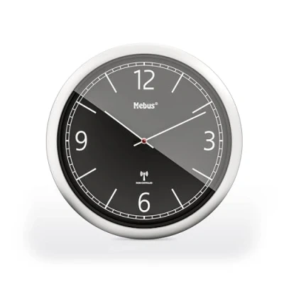Image de Mebus Horloge Murale Radio pilotée 26 cm, silencieuse, Design Clair, Cadre argenté, Cadran Noir, modèle 19813 Moderne et précis
