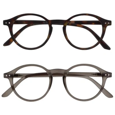 Image de OPULIZE REY Lunettes de Lecture Lot 2 Montures Rondes Rétro Marron Écaille Tortue, Gris Hommes Femmes Charnières à Ressort RR56 27 +2.00