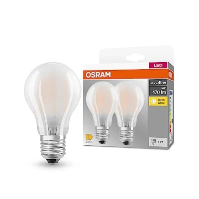 Image de OSRAM base Classic A GLFR 40 lampe LED avec E27, forme de piston classique, double pack, 4W, 470lm, 2700k, lumière blanche chaude, développement à faible chaleur, longue durée vie