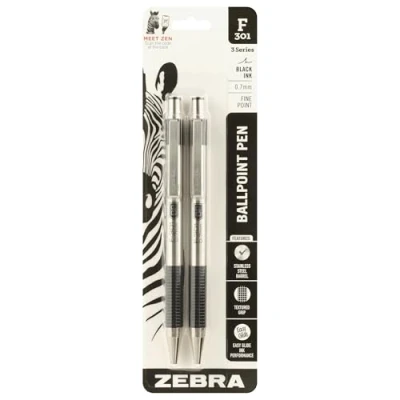 Image de Zebra® F 301 Lot de 2 stylos à bille rétractables en acier inoxydable Pointe fine 0,7 mm Encre noire