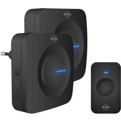 Image de ELRO DB3000 Sonnette de Porte sans Fil 1x récepteur à Piles + Plug in 64 Mélodies Distance : 300m Noir