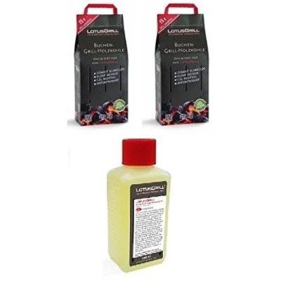 Image de LotusGrill Lot de 2 sacs charbon bois hêtre 2,5 kg avec pâte combustible 200 ml, tous deux conçus pour des grillades sans fumée le