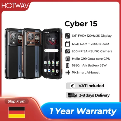 Image de HOTWAV Cyber 15 Smartphone Robuste 200MP 24Go + 256Go ROM, 6,6&#039;&#039; FHD+ 6280mAh IP68 Téléphone 4G Écran Secondaire Arrière Noir