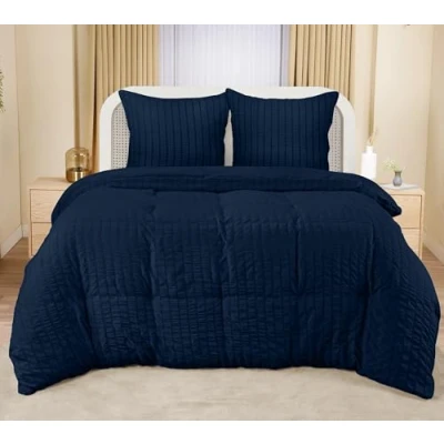 Image de Utopia Bedding Seersucker Housse de Couette 200x200 cm avec 2 Taies d&#039;oreiller 80x80 (Bleu Marine) Parure Lit Ensembles Housses en Microfibre brossée Douce