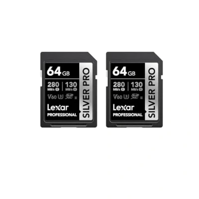 Image de Lexar Silver Pro Carte SD 2x64Go, mémoire UHS II, V60, U3, C10, Jusqu&#039;à 280Mo/s en Lecture, 130Mo/s écriture, SDXC pour DSLR/caméra/Photographe/vidéaste/passionné(LSDSIPR064G B2NAA)