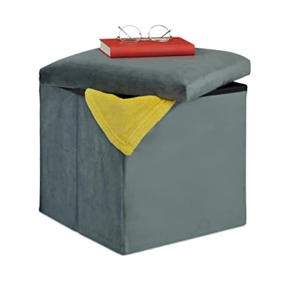 Image de Relaxdays Tabouret, Siège avec Rangement, H x L P : 38 cm, Pliable, Tabouret en MDF et Velours, Anthracite