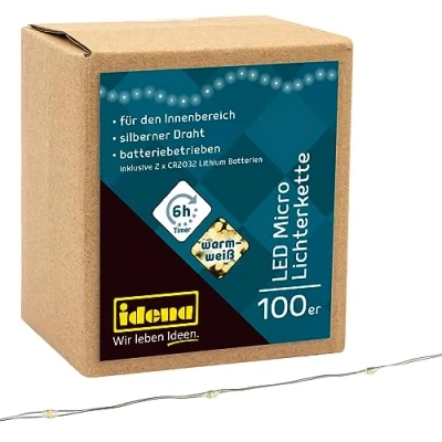 Image de Idena 30185 Micro chaîne lumineuse à 100 LED en blanc chaud, avec minuterie de 6 heures, fonctionnant sur piles, pour les fêtes, Noël, la décoration, le mariage, comme lumière d&#039;ambiance