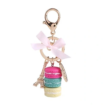 Image de Walfront Porte clé en Résine et Alliage, Mignon Forme Macaron avec Tour Eiffel de Différent Couleurs(Rose Rouge)