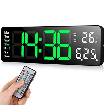 Image de Fuloon Horloge Murale Numérique LED avec Télécommande Positif Compte à Rebours Luminosité Réglable Pendules Murales pour Salon Cuisine Bureau Gymnase (13 Pouces, Vert)