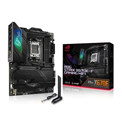 Image de ASUS ROG STRIX X670E F Carte mère gaming AMD Ryzen AM5 ATX (PCIe 5.0, DDR5, 16+2 phases d&#039;alimentation, 4 x M.2 avec radiateurs, USB 3.2 Gen 2x2, WiFi 6E, AI Cooling II, Aura Sync RGB)
