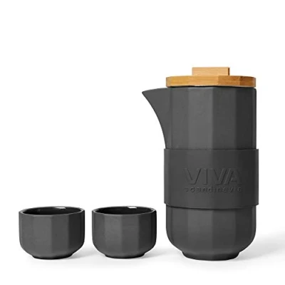 Image de Viva Scandinavia Théière design en porcelaine avec couvercle bambou de haute qualité, 4 tasses à thé (70 ml), set complet couleur noire Alexander
