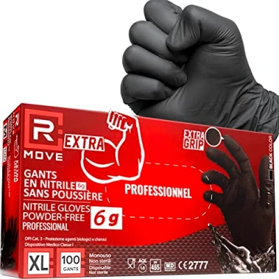 Image de R MOVE Lot de 100 gants en nitrile noirs 6 grammes extra résistants 60% d&#039;épaisseur plus au doigt que 3,5 g, sans poudre latex pour mécaniques, tatoueurs, restauration, jetables (XL)
