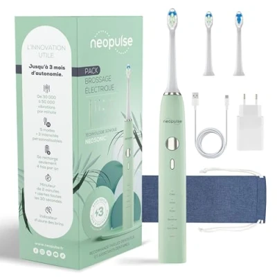Image de NEOPULSE® NEOSONIC® brosse à Dents Électrique Technologie Sonique + 2 Têtes de Rechargeable USB C Autonomie 3 Mois 15 Réglages Minuteur Compatible NEOKIDS Garantie Ans Vert