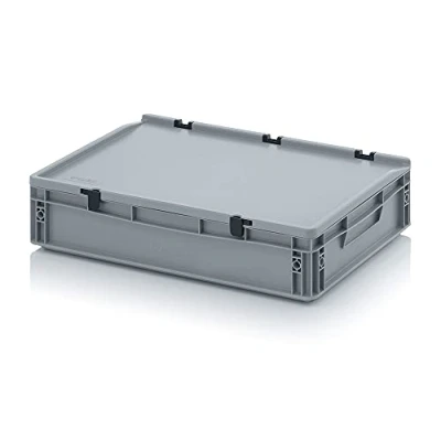 Image de Conteneur Euro + couvercle à charnière ED 64/12 HG Auer, Gris, Boîte en plastique de 24 l 60 x 40 13,5 cm Poignées fermées Récipient stockage industriel