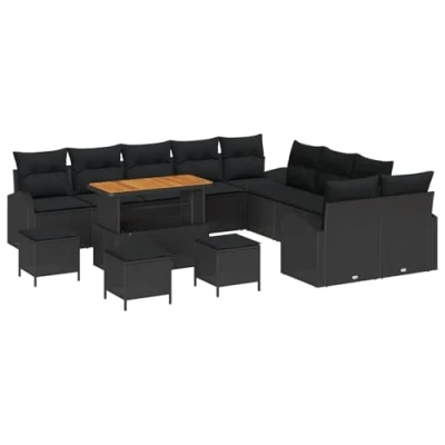 Image de Ensemble de 14 Pièces Canapés Jardin avec Coussins Noir en Poly Rotin, Canapé 2 Places Rangement 3364409
