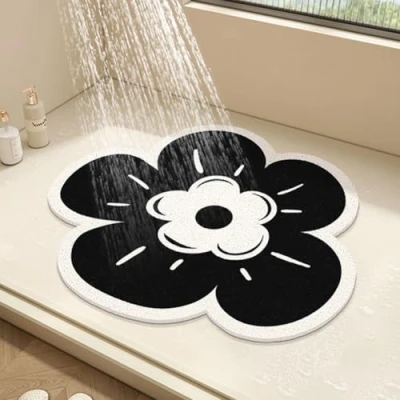 Image de Tapis de douche rond en luffa PVC antidérapant et anti moisissure avec drainage, séchage rapide (noir, 50 x cm)
