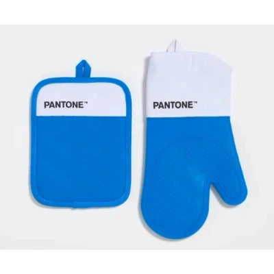 Image de Pantone™ Set de Cuisine composé d&#039;un Gant Four + manique, en Coton avec poignée antidérapante Silicone Accessoires utiles résistants à la Chaleur jusqu&#039;à 250 C Blanc/Bleu
